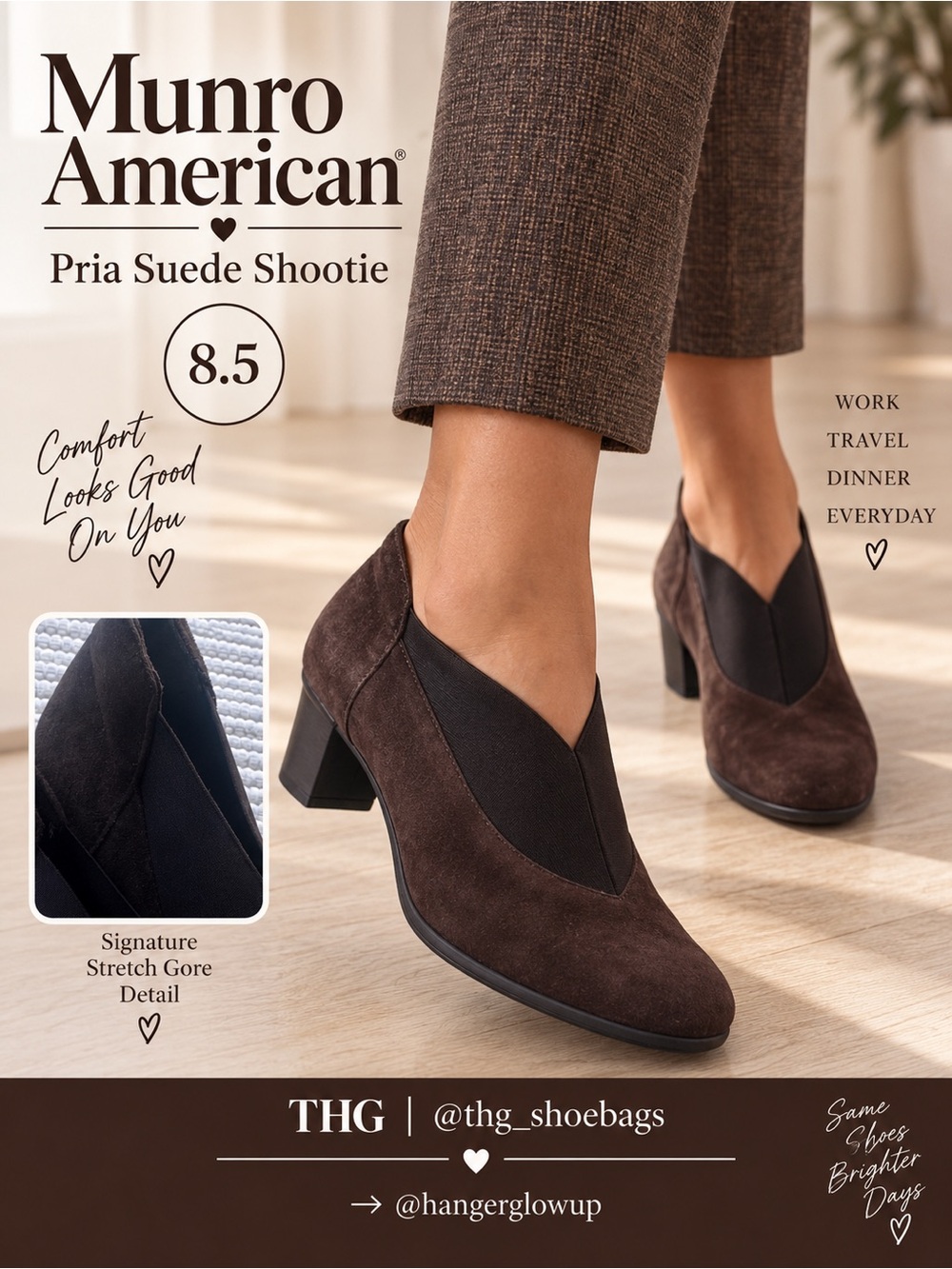Munro American Pria Brown Suede Stretch Shootie Block Heel 8.5